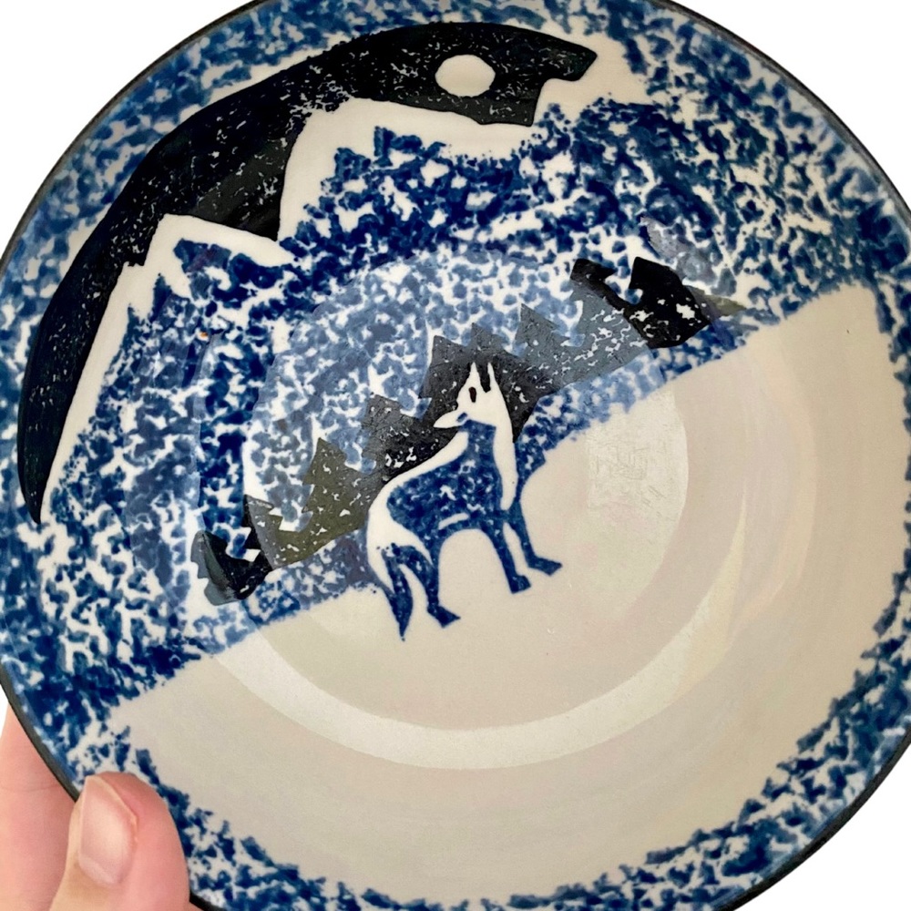 1980’s Vintage Set of 3 Folk Craft Wolf by Tienshan Spongeware Ceramic Bowls